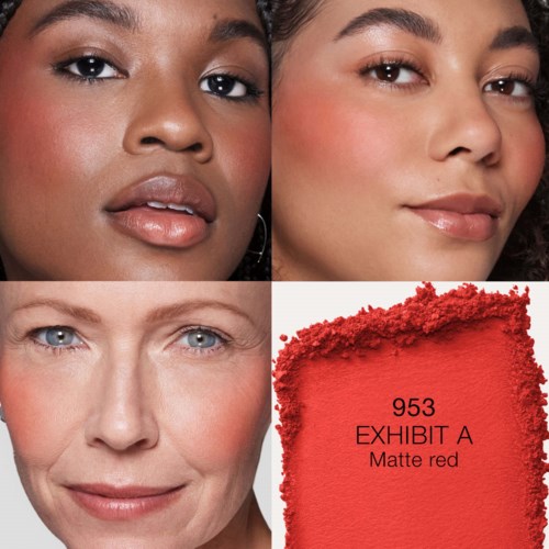 Two women with different skin tones and textures. One woman has soft makeup, the other has a natural look. A red matte lipstick sample and label are also shown.