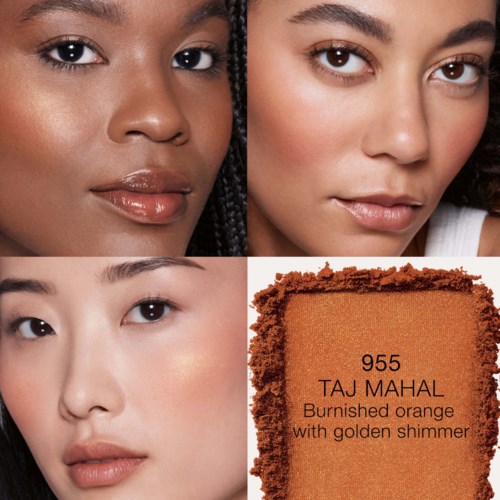 Three women with different skin tones and a makeup product named Taj Mahal, a burnt orange shade with gold shimmer.
