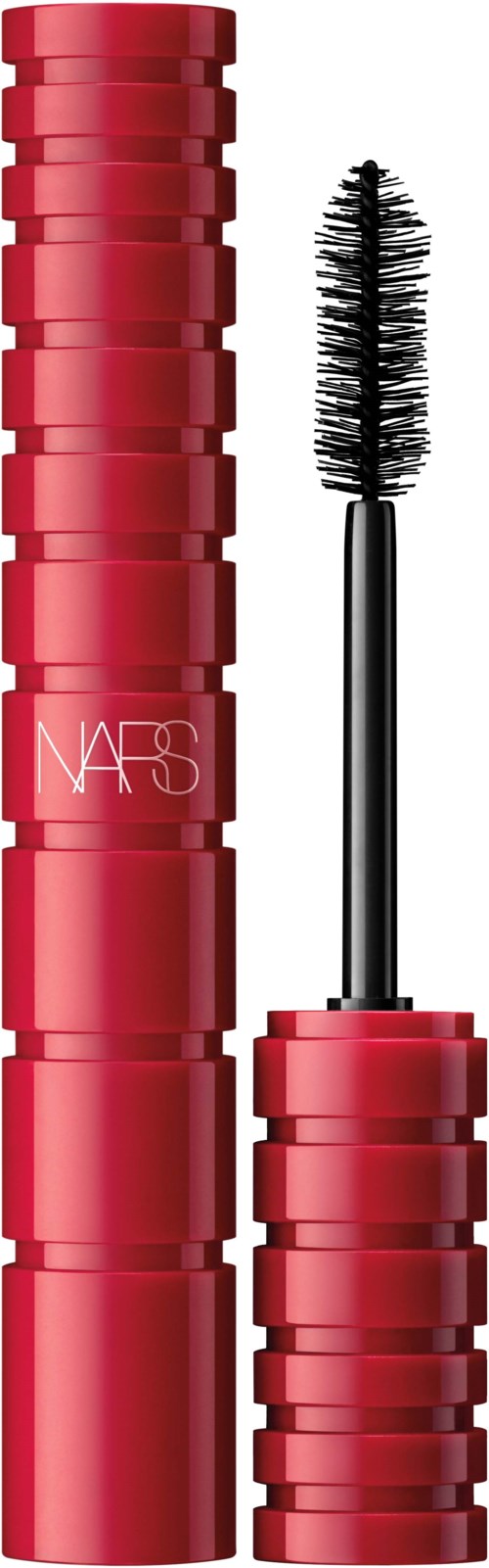 A red mascara tube with a brush applicator beside it. The tube has the NARS logo on it.