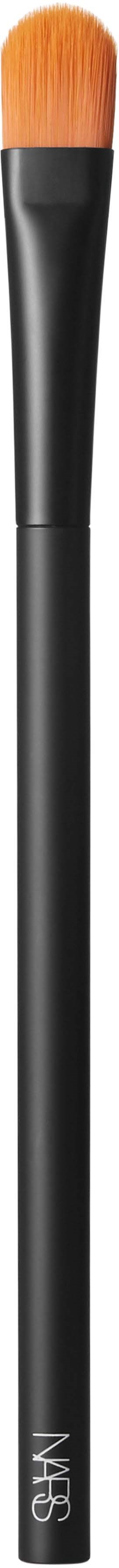 A makeup brush with a black handle and brown bristles.