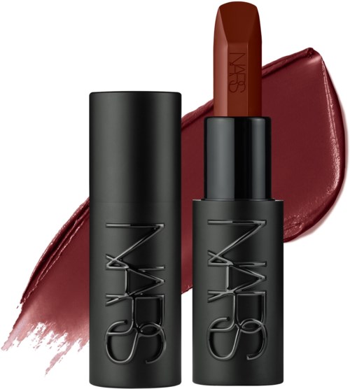 NARS lipstick with a black tube and red lipstick, behind a red smudge. The tube has NARS logo on it.