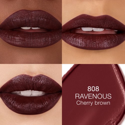 Dark lipstick called Cherry Brown, with a glossy finish on full lips, shown from different angles.