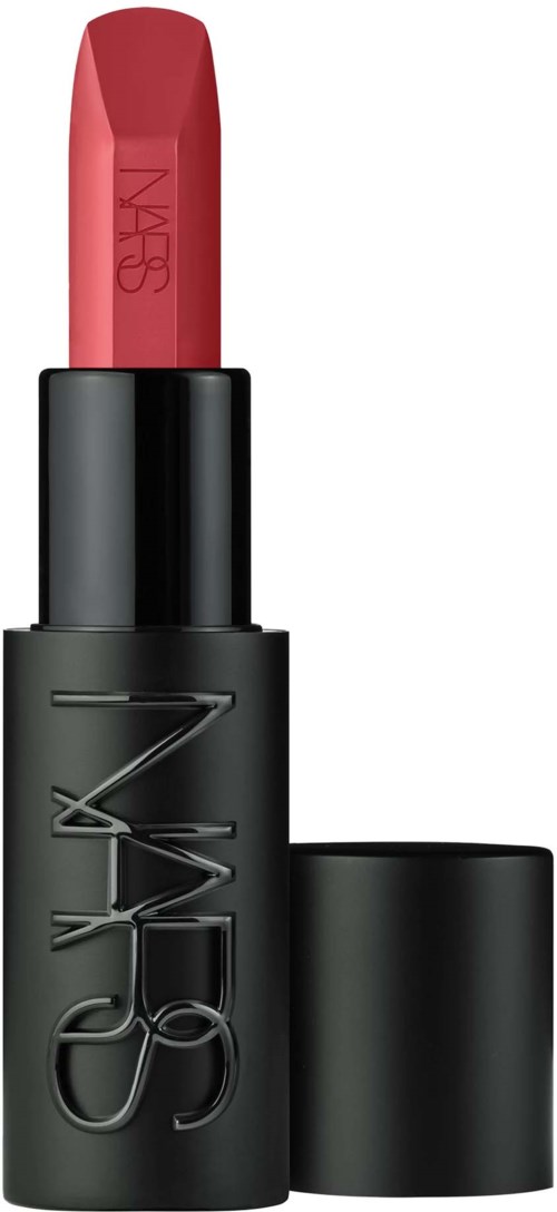 A lipstick with a black tube and a pinkish-red lipstick stick. The brand name NARS is on the tube.