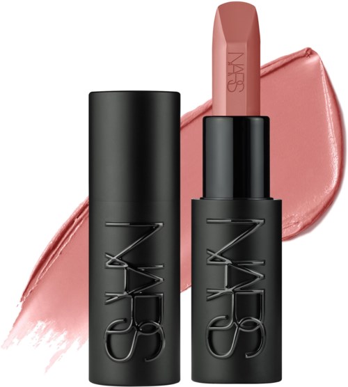NARS lipstick with pink shade and matte black packaging, displayed with a pink lipstick smear.