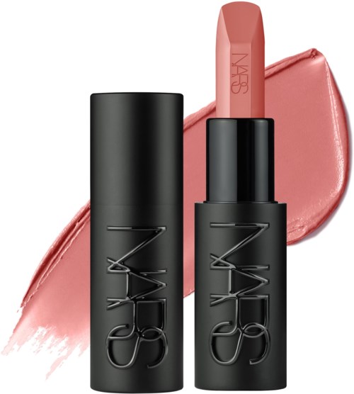 Two NARS lipsticks, one twisted open showing pink color, with a pink lip gloss smear behind them.