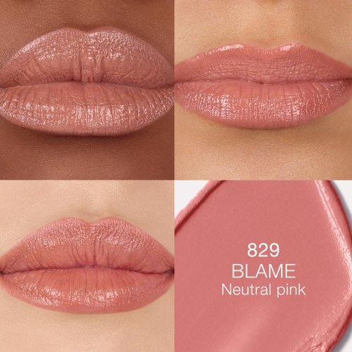 Close-up of lips showing different shades of pink lipstick, with a swatch labeled '829 BLAME Neutral pink.'