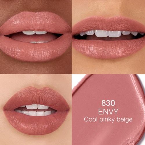 Lipstick in shade 830 ENVY, labeled as 'Cool pinky beige,' shown on lips in four different angles.