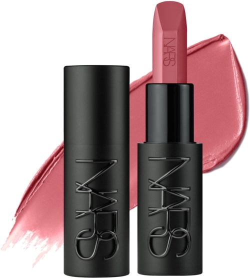 Two NARS lip products, one lipstick and one gloss, with a pink smear in the background.