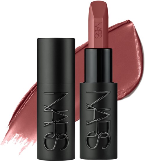 A NARS lipstick with a matte black case and a matching lipstick shade, with a pinkish-brown color on the lipstick and a lip smear background.
