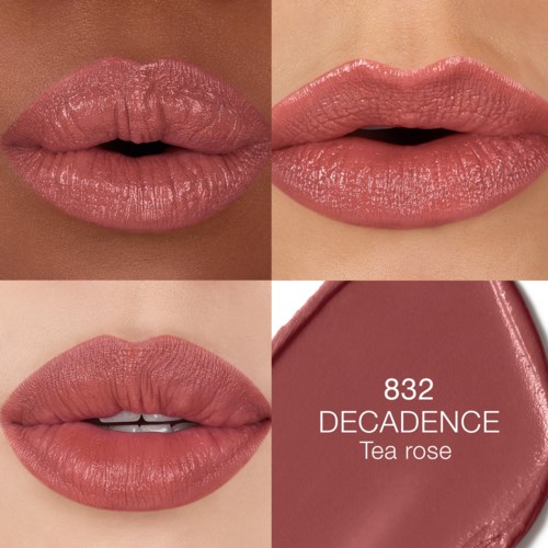 Close-up of lips with pink lipstick, labeled '832 Decadence Tea Rose'.