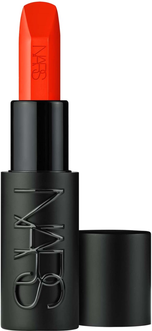 A red lipstick in a black tube with the brand name NARS embossed on it.