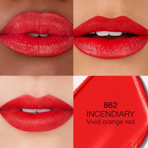Red lipstick on lips, with a color sample labeled '862 INDIANARY Vivid orange red' in a makeup product container.