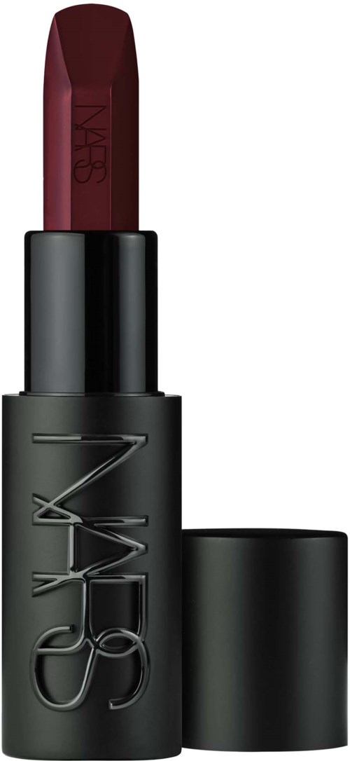 Dark red lipstick in black tube with NARS logo on it.