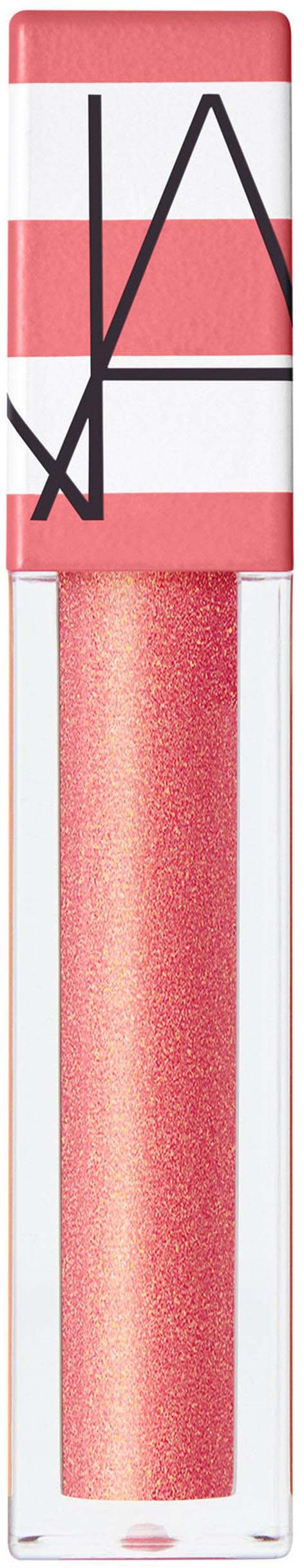 En läppglansrör med röd kapsel och genomskinlig kropp som visar rosa gloss inuti.