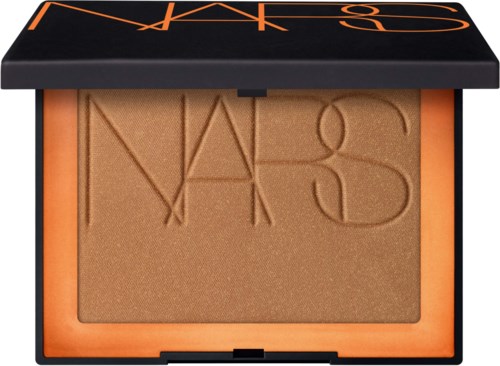 A compact makeup powder with NARS logo embossed, in a black and orange case.