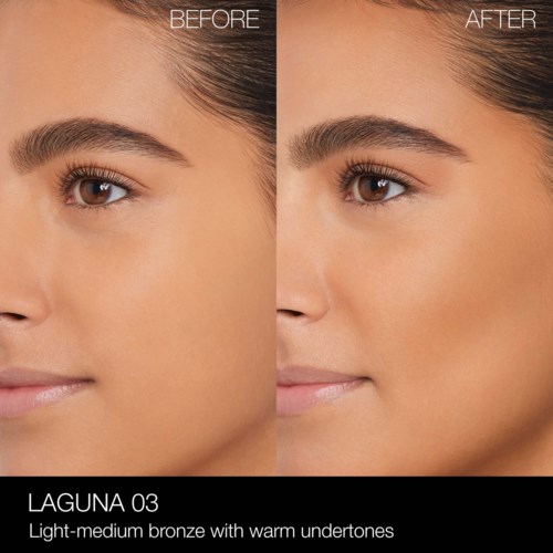 Side-by-side before and after images showing makeup impact with warm bronze tones and undertones.