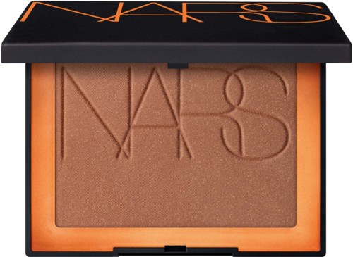 A NARS cosmetic compact with pressed bronzer and the brand's name embossed on it.