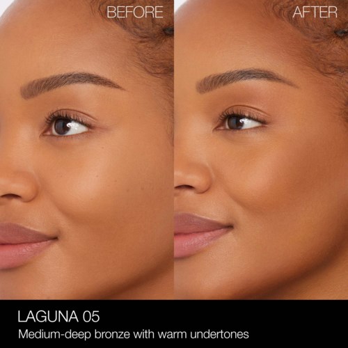 A woman's face with before and after makeup, showing improved eyebrow and skin tone, with warm undertones.