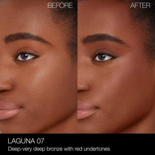 Before and after images showing skin tone change with makeup, from darker to lighter, with text about makeup product.