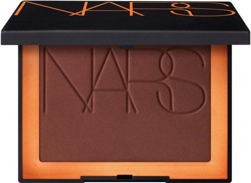 A NARS blush compact with a brownish blush inside and a black lid showing the NARS logo in orange.