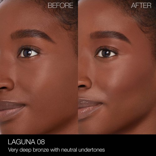 Side-by-side comparison of makeup before and after, showing a deep bronze look with neutral undertones on skin.