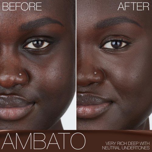 Side-by-side comparison showing skin before and after using Ambato skincare product. Clear smoothing effect on skin.