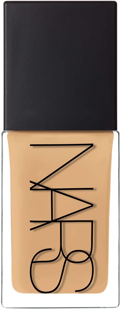 A bottle of NARS liquid foundation with black cap, beige liquid inside, brand name vertically on the bottle.