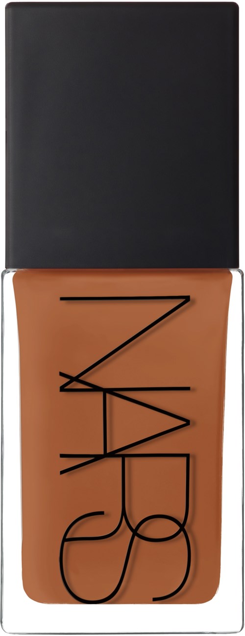 A bottle of NARS foundation with a black cap and tan liquid inside.