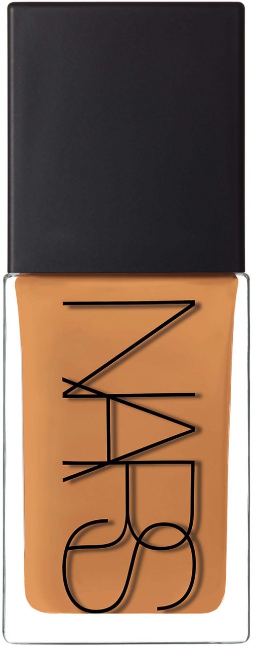 NARS liquid foundation bottle with a black cap and beige liquid inside. The brand name is vertically written on the bottle.