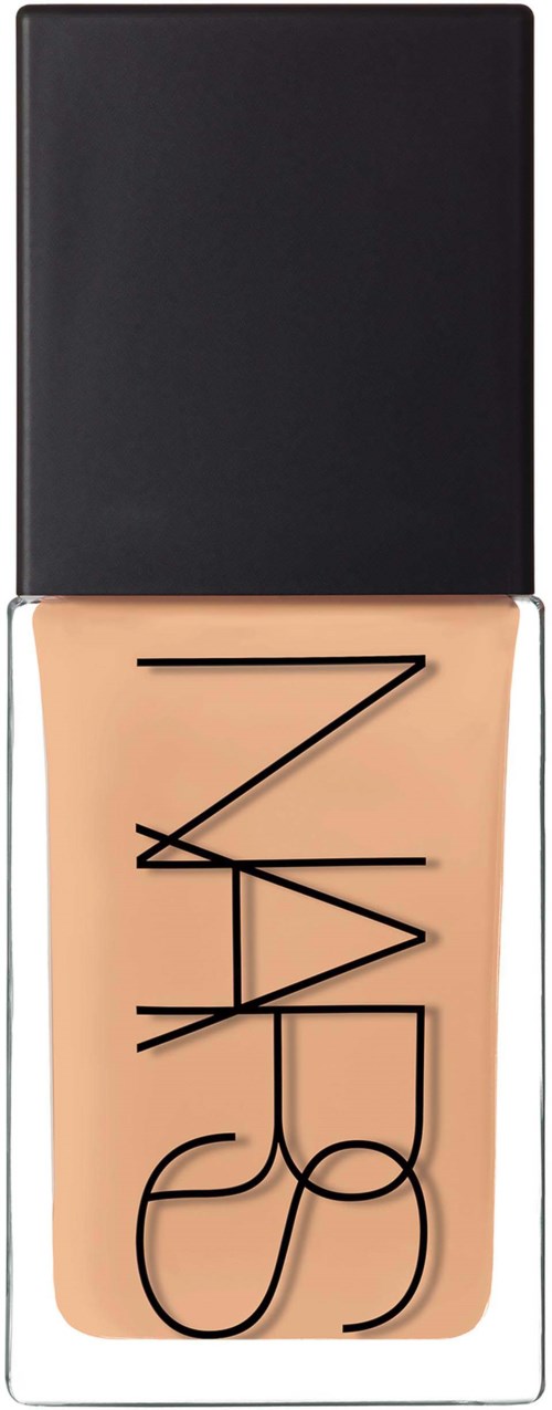 Foundation bottle with black cap, beige liquid inside, stylish black text logo, simple and elegant design.