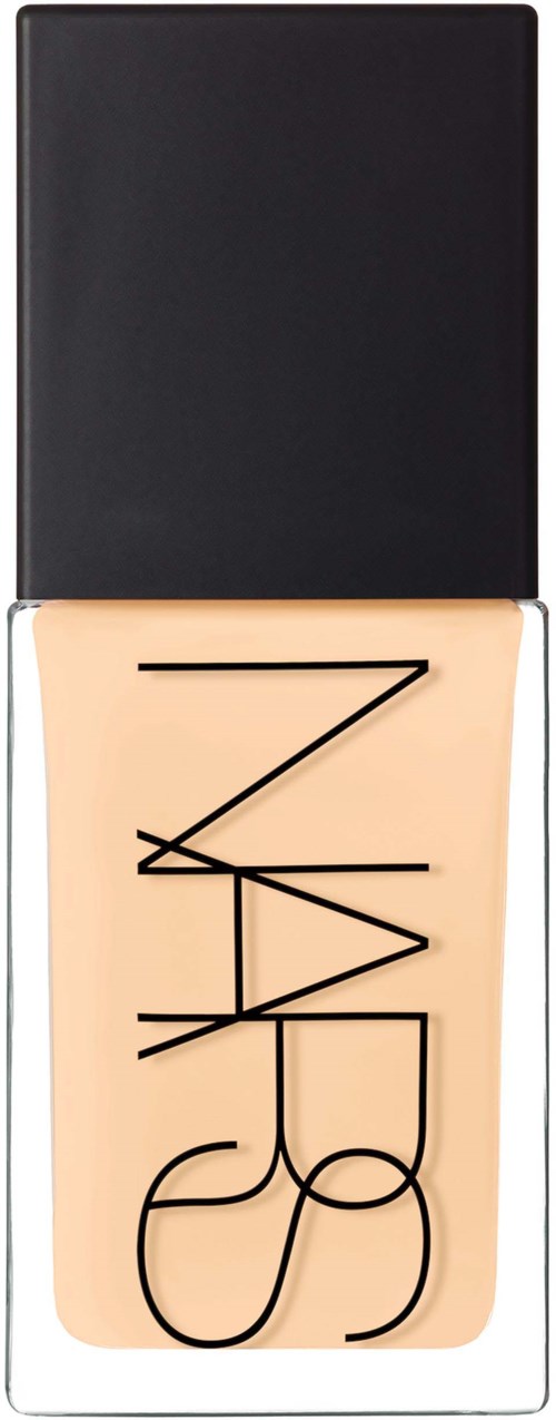 A bottle of NARS foundation with a black cap and clear body showing the product inside.