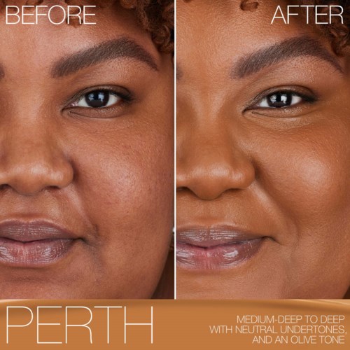A side-by-side comparison shows skin improvement after using a skincare product. The skin looks smoother and more even.