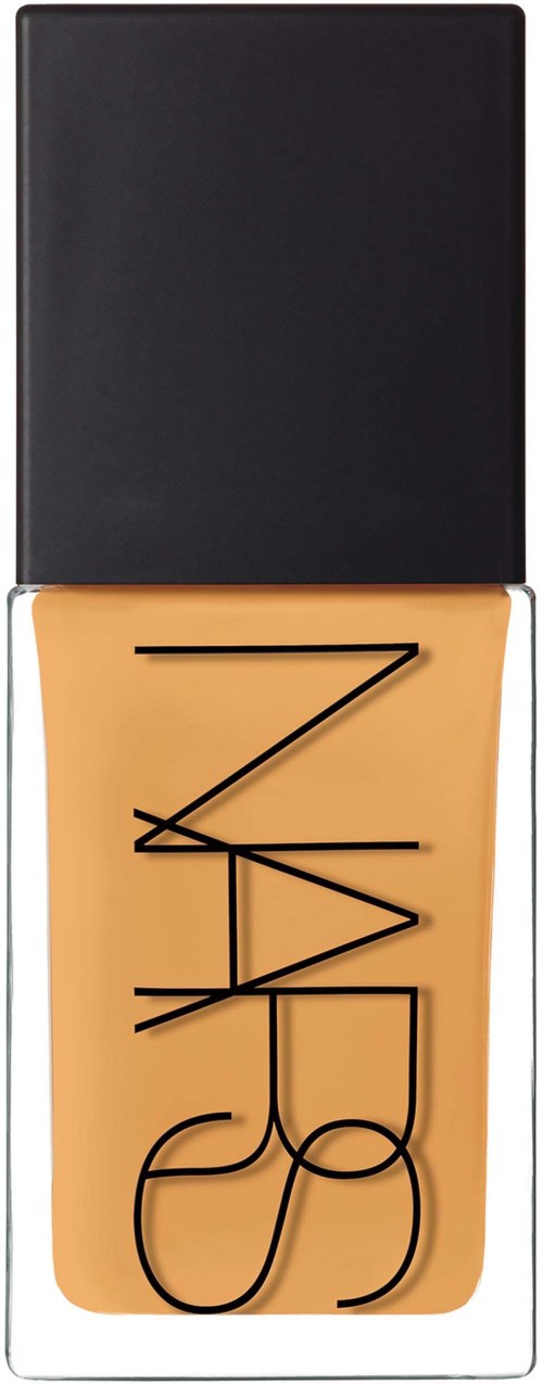 A bottle of NARS foundation with a black cap and beige liquid inside. The brand name is on the front.
