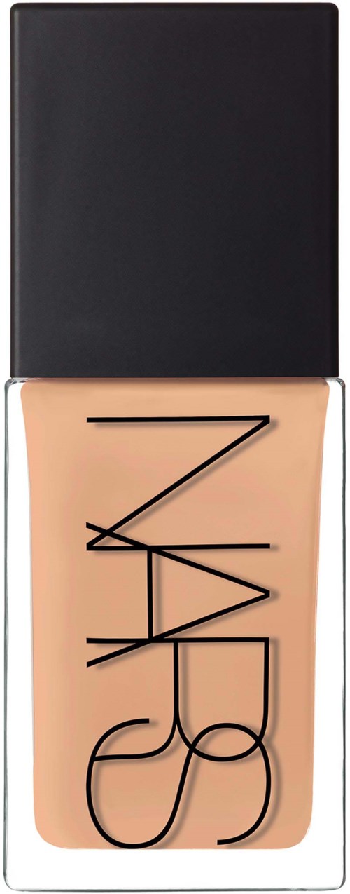A foundation bottle with black lettering and a black lid, showing beige liquid inside.