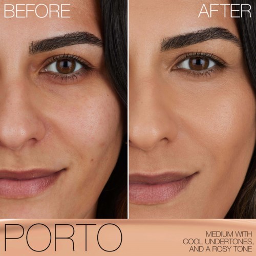 A face showing clear skin and makeup, with a before and after comparison for skin improvement. Logo and text included.