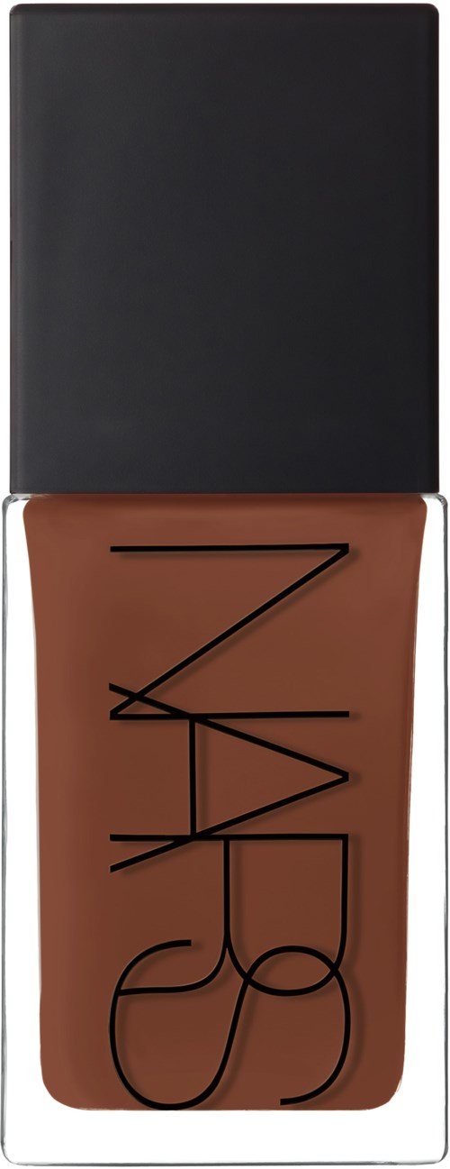 A bottle of NARS liquid foundation with a black cap and brown product inside.