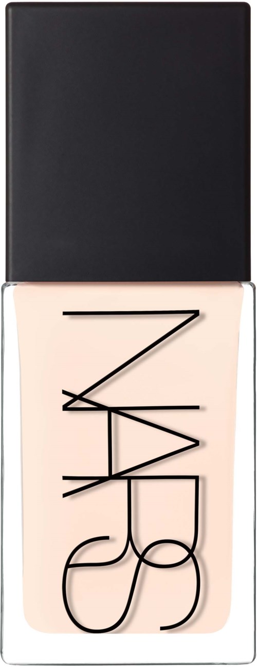 A rectangular container of NARS liquid foundation with a black cap and light beige liquid inside.
