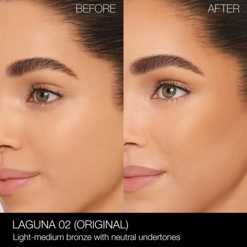 Side-by-side comparison of a woman's face before and after makeup, showing improved eyebrows and skin tone.