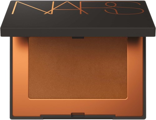 A makeup palette with a bronzer inside and a black lid with NARS logo on it.