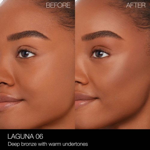 A side-by-side comparison showing a person's face before and after makeup application, highlighting skin tone and eyebrow changes.