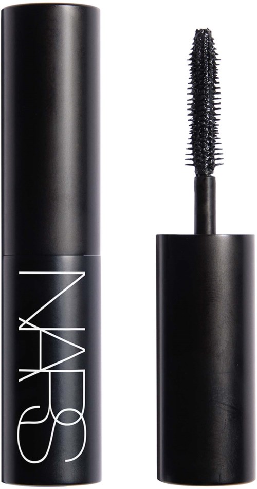 A black mascara tube with a wand applicator showing a curved brush.