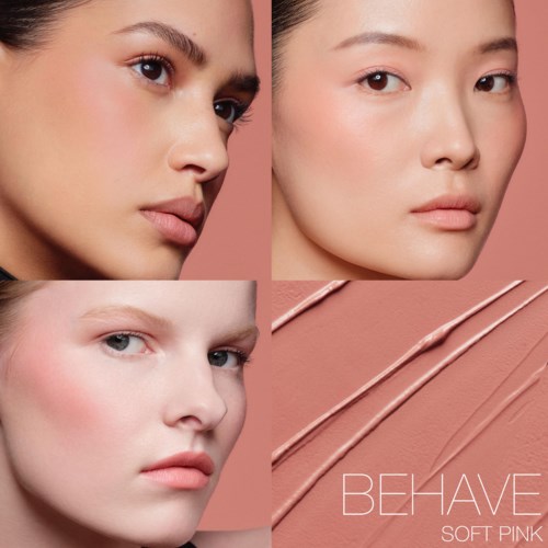 Three women with smooth, natural makeup in light pink shades. A pink background and lines with the word 'BEHAVE' are also visible.