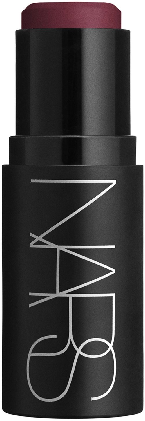 Black lipstick tube with the NARS logo, partially opened showing purple lipstick.