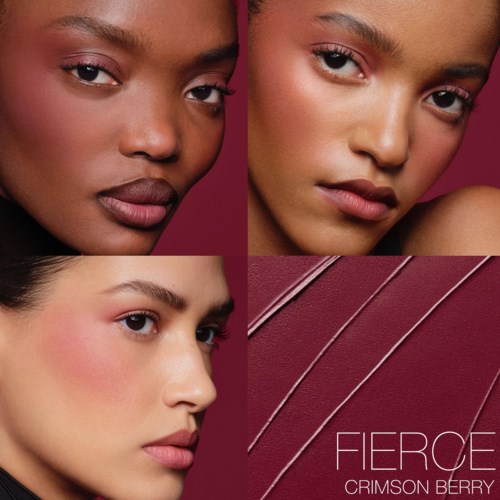 Collage of three women with different makeup looks and a jewelry display with silver necklaces on a dark red background.