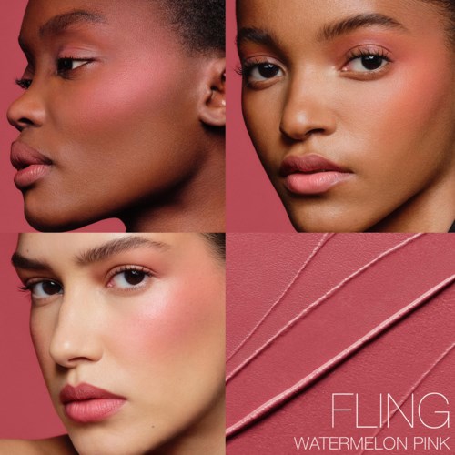 Three women with different skin tones and makeup, and pink backgrounds. A pink lipstick swatch sample is also shown.