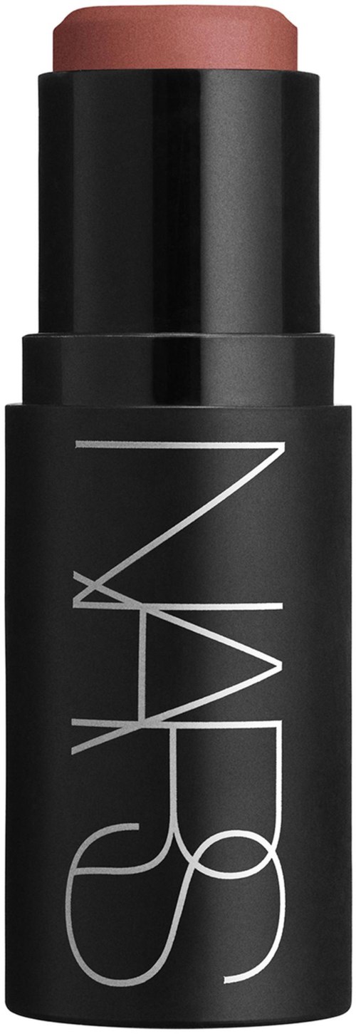 A NARS lipstick in a black tube with white branding, showing a pinkish-brown lipstick exposed.