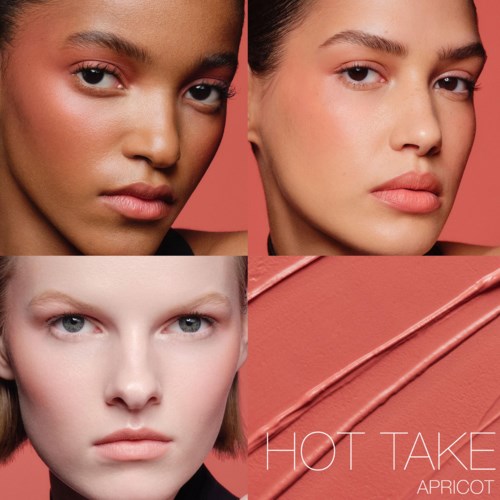 Three women with natural makeup and different skin tones, photo collage with pink-orange background, and lipstick samples.