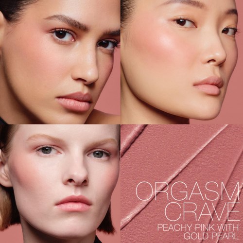 Four women with clear skin, natural makeup, and different hair colors, alongside makeup products and text about a peachy pink lipstick.