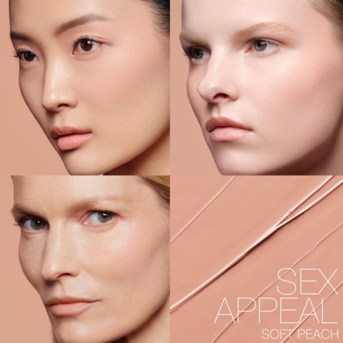 Four women with clear skin, different expressions, and a light peach background. The bottom right shows text about skin appeal.