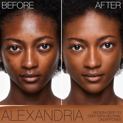 Side-by-side images show a woman's face before and after skincare, with improved skin clarity and even tone.